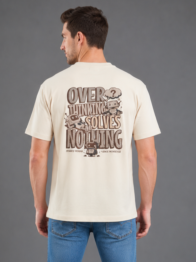Men Cream Color Down Shoulder Round Neck T-Shirt