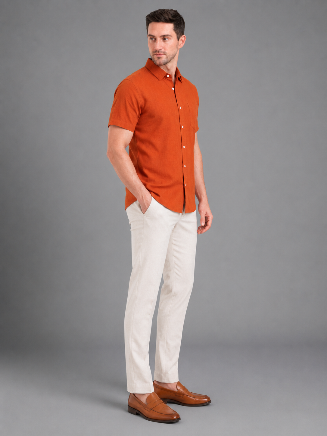 SPARKY Men Solid Cotton Formal Shirt | Short Sleeve Office Wear Shirt Rust Color