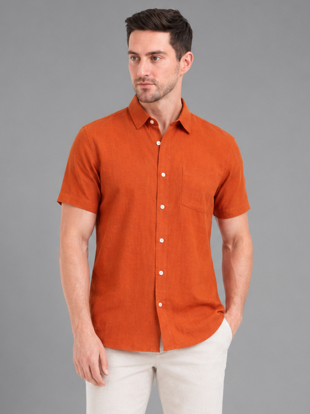 SPARKY Men Solid Cotton Formal Shirt | Short Sleeve Office Wear Shirt Rust Color