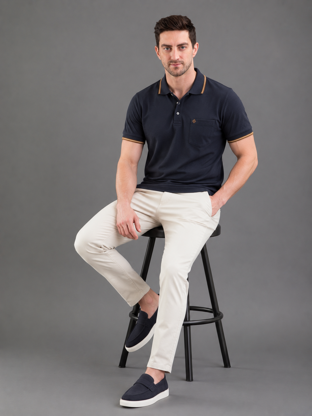 Men Grey Colour Premium Solid Polo T-Shirt