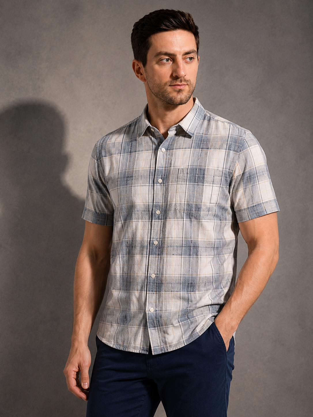 SPARKY Men Grey Checked Casual Shirt | Slim Fit Half Sleeve Cotton Shirt