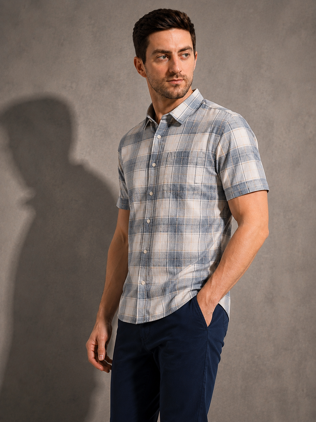 SPARKY Men Grey Checked Casual Shirt | Slim Fit Half Sleeve Cotton Shirt
