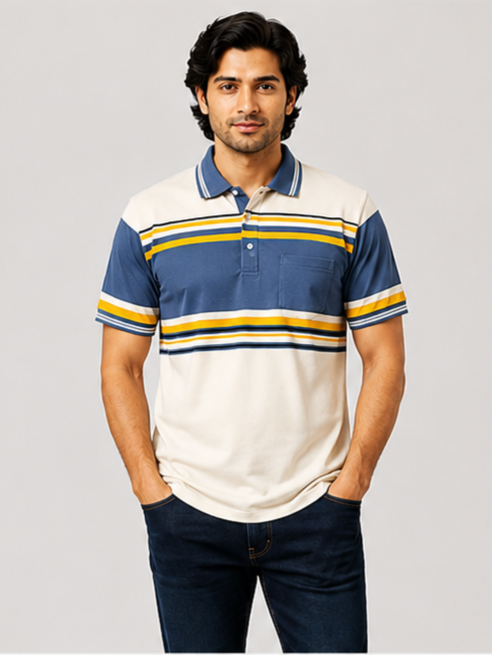 Sparky Men Striped Polo Neck White Blue Colour T-Shirt | Casual Half Sleeve Cotton T-Shirt