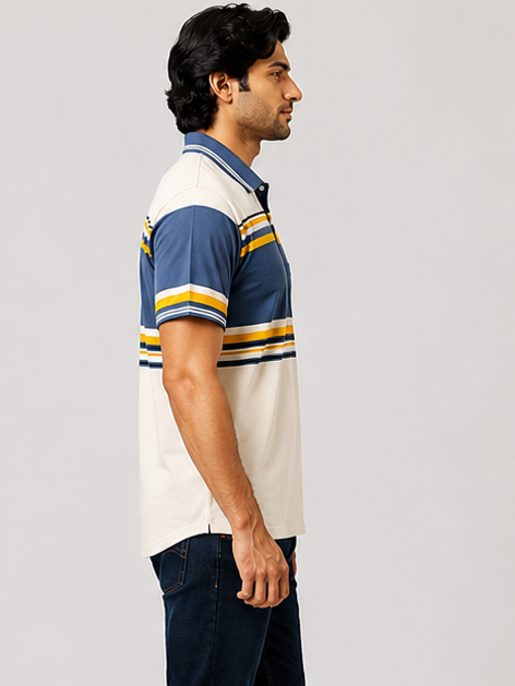 Sparky Men Striped Polo Neck White Blue Colour T-Shirt | Casual Half Sleeve Cotton T-Shirt
