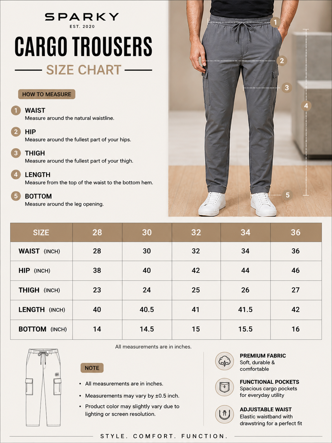 SPARKY Men Dark Grey Slim Fit Cargo Trousers | Stylish Casual Jogger Pants