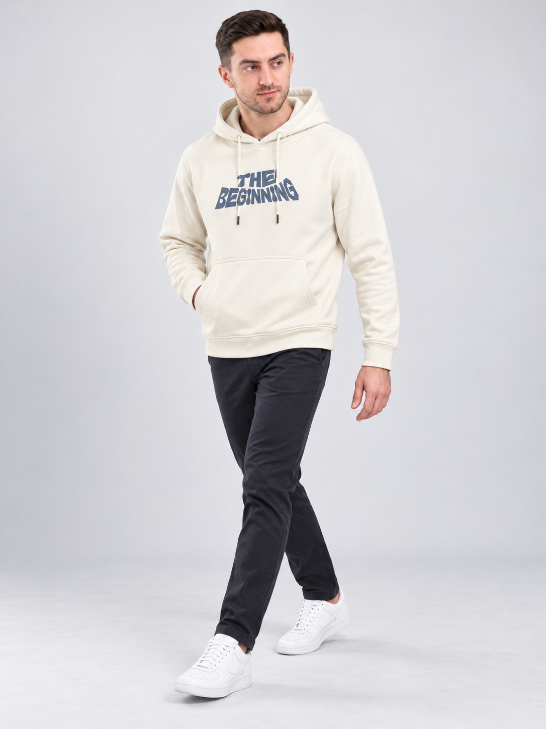 Cream Colour Regular Fit  Primium Hooded Sweatshirt