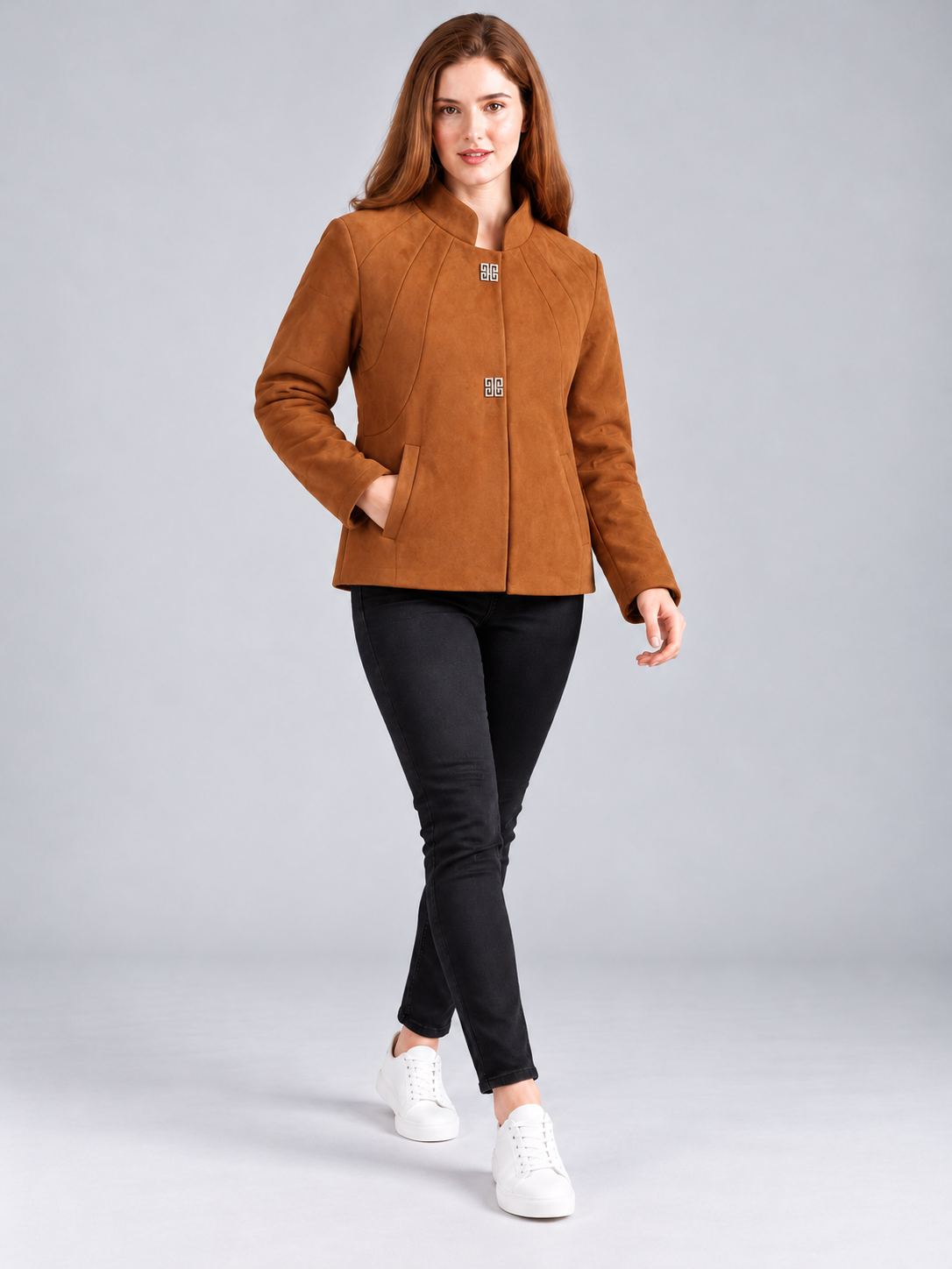Women’s Premium Short Fur Blazer with Band Collar
