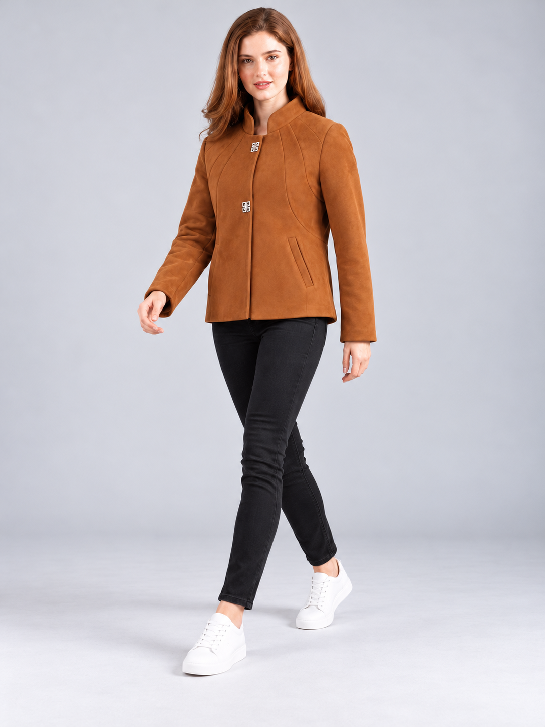 Women’s Premium Short Fur Blazer with Band Collar