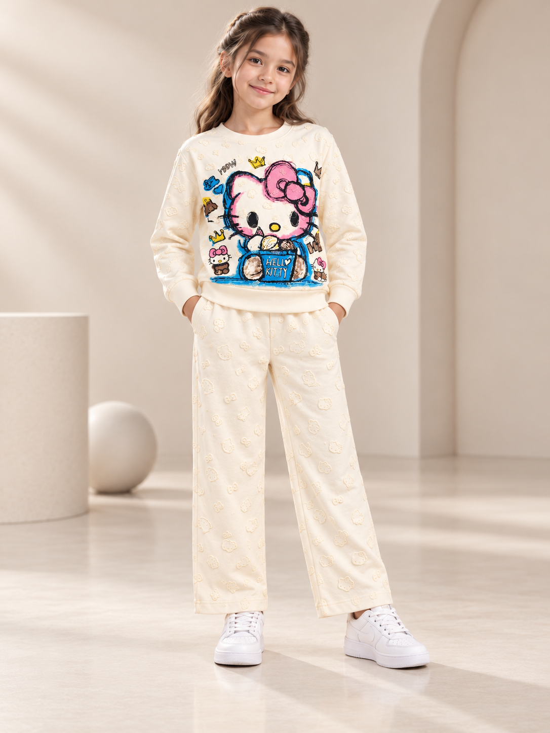 Girl's Stylish Chest Print Round Neck Co-Ord Set