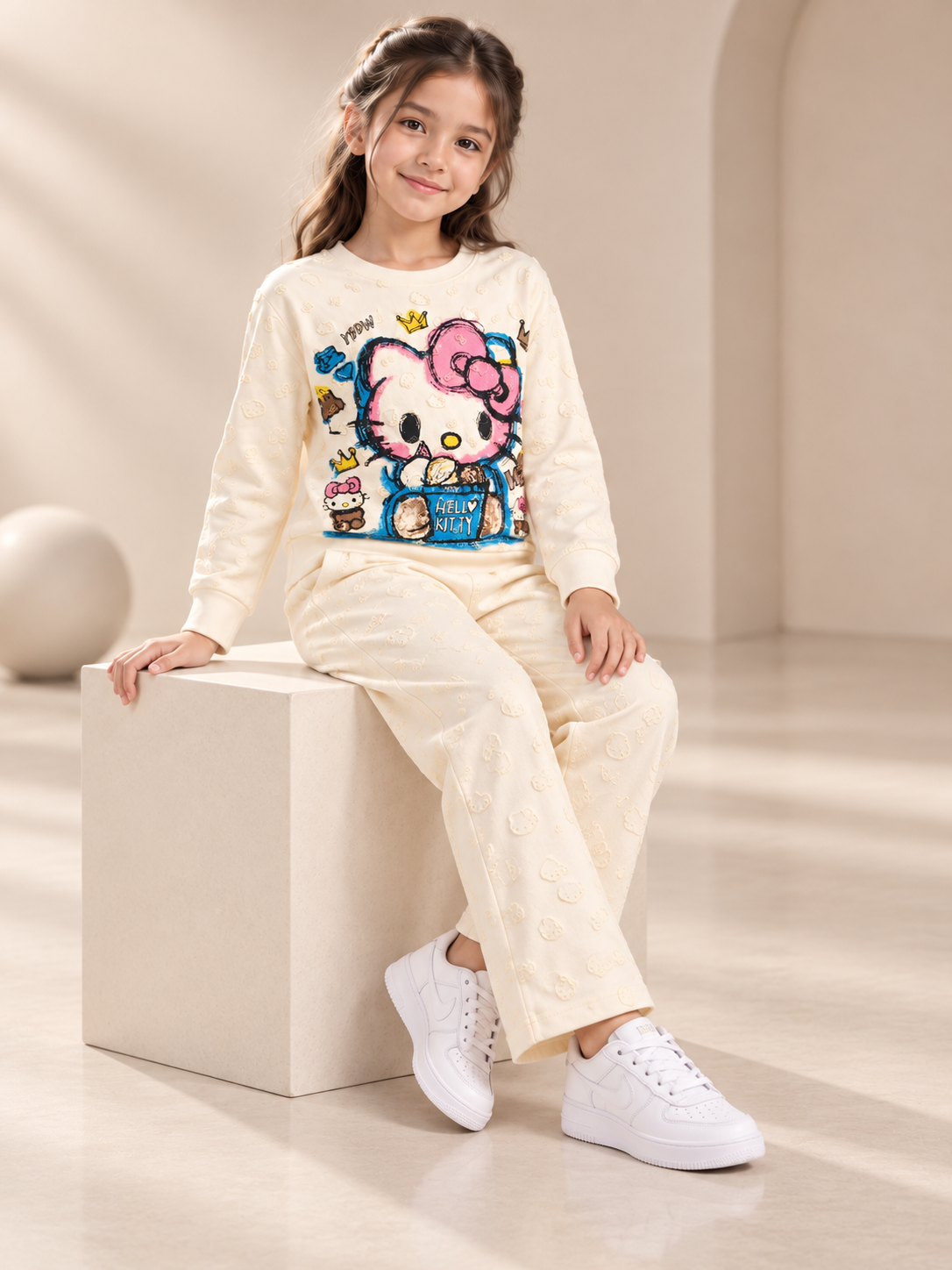 Girl's Stylish Chest Print Round Neck Co-Ord Set