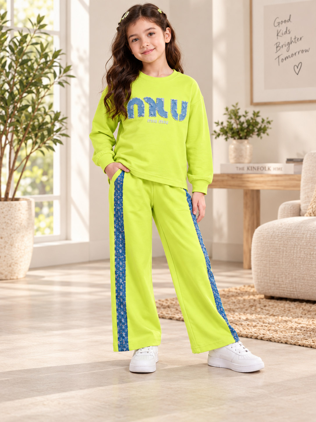 Girl's Stylish Chest Print Round Neck Co-Ord Set