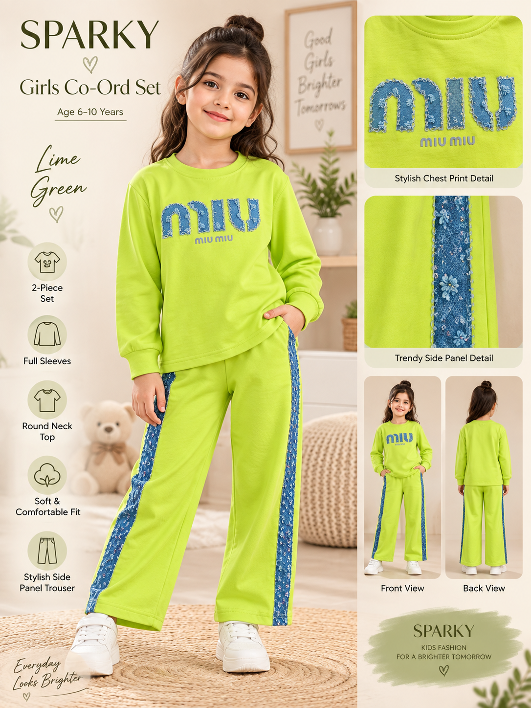 Girl's Stylish Chest Print Round Neck Co-Ord Set