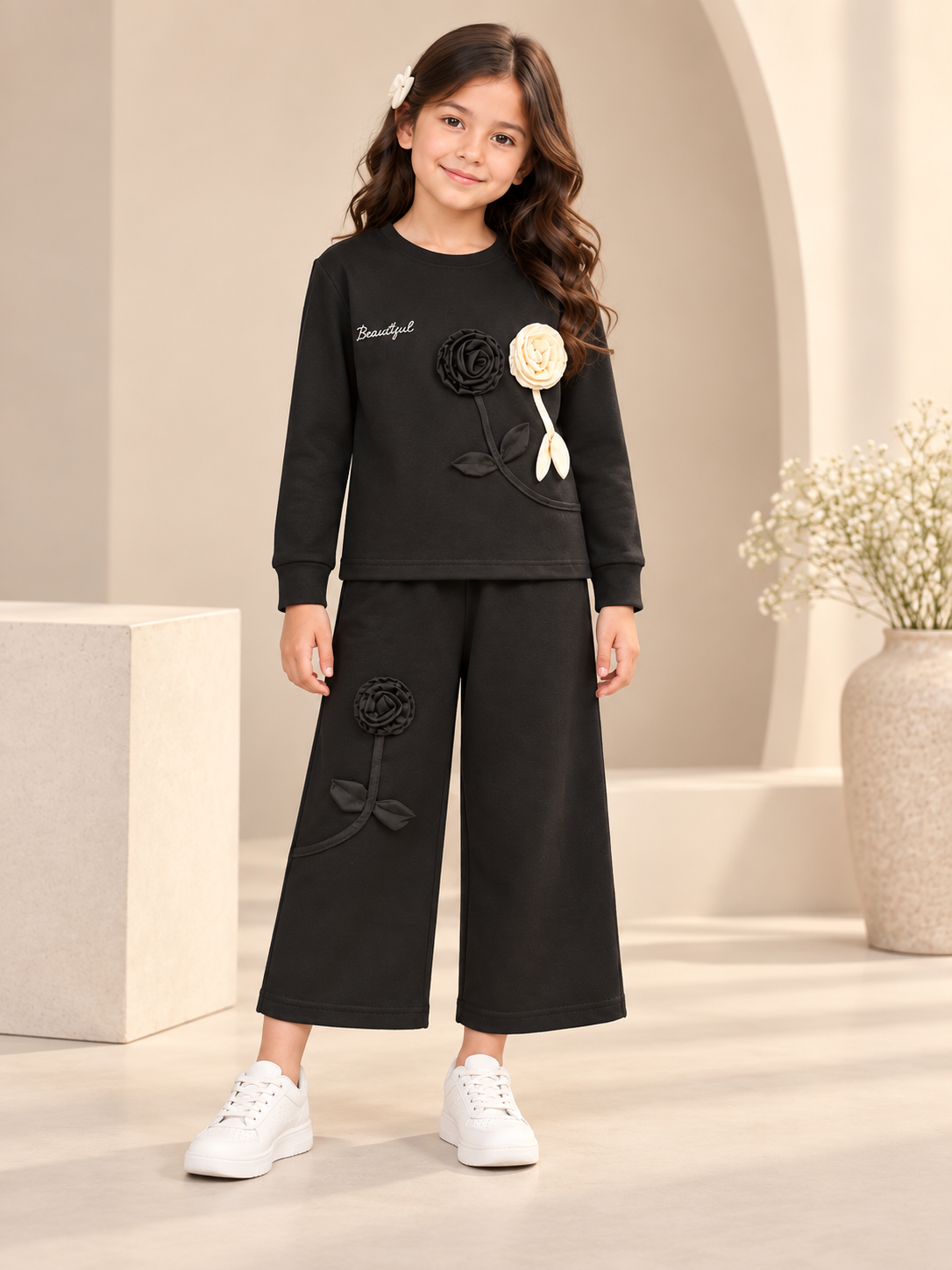 Girl's Stylish Chest Print Round Neck Co-Ord Set