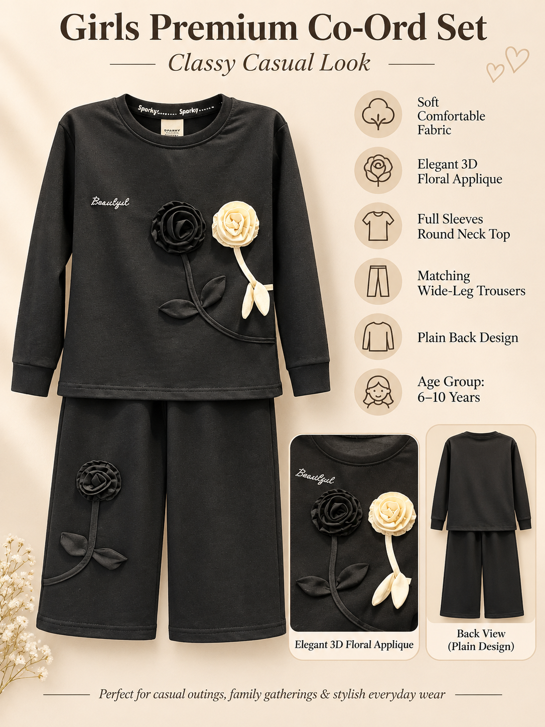 Girl's Stylish Chest Print Round Neck Co-Ord Set