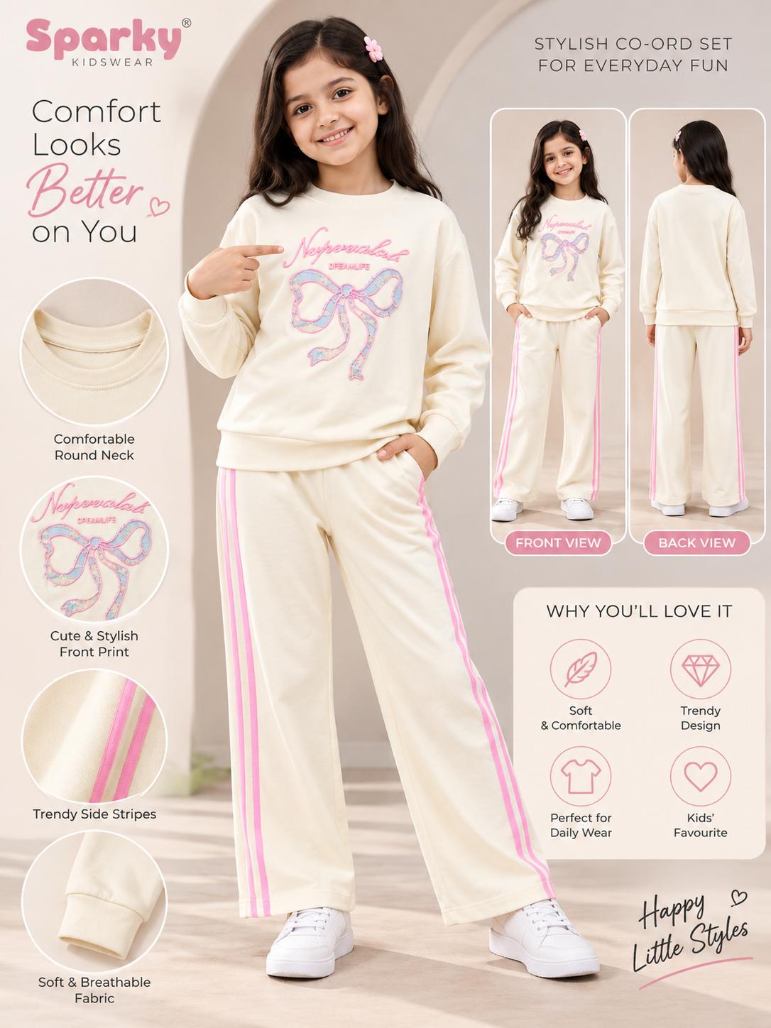 Girl's Stylish Chest Print Round Neck Co-Ord Set