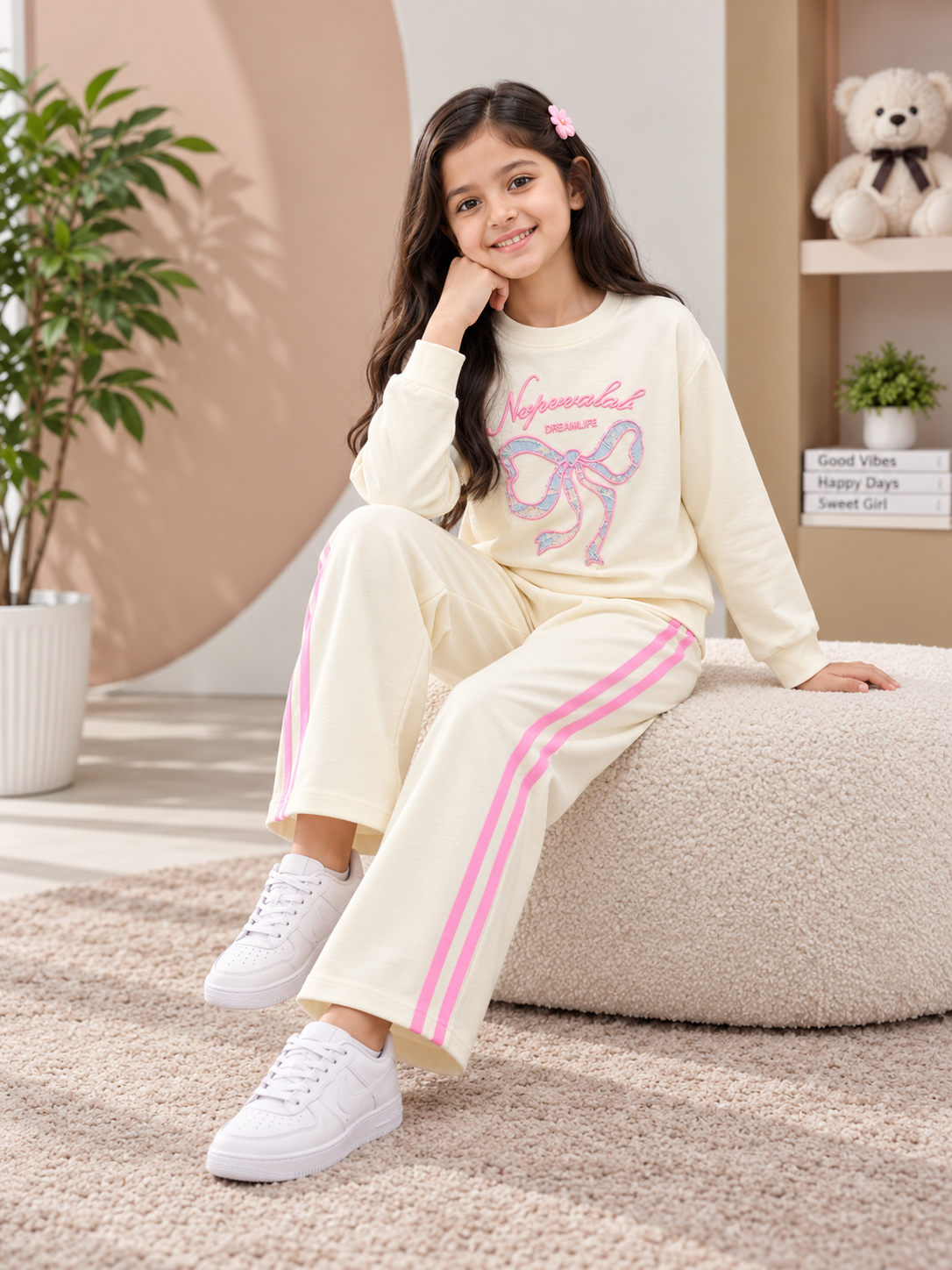 Girl's Stylish Chest Print Round Neck Co-Ord Set