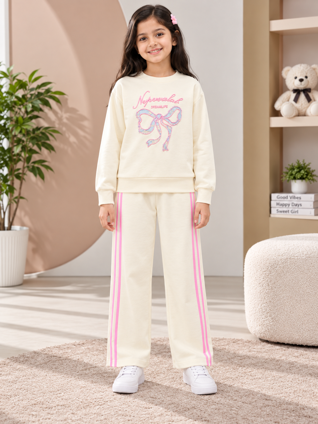 Girl's Stylish Chest Print Round Neck Co-Ord Set