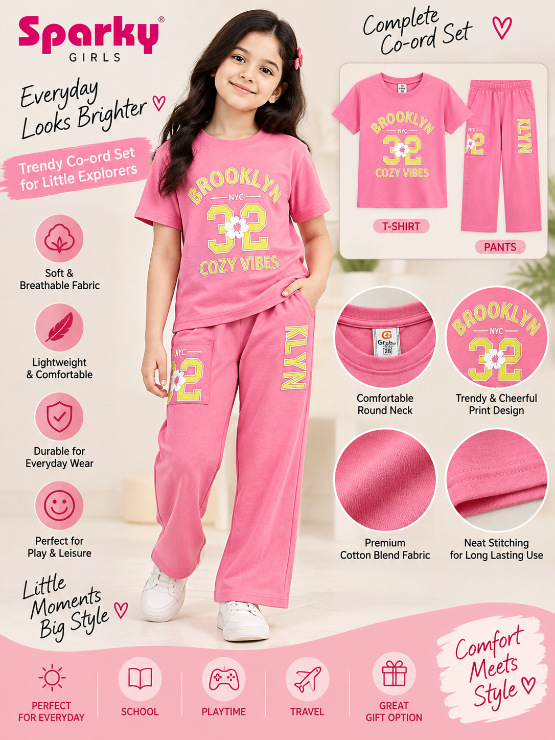 Girls Premium Printed Round Neck Co-Ord Set
