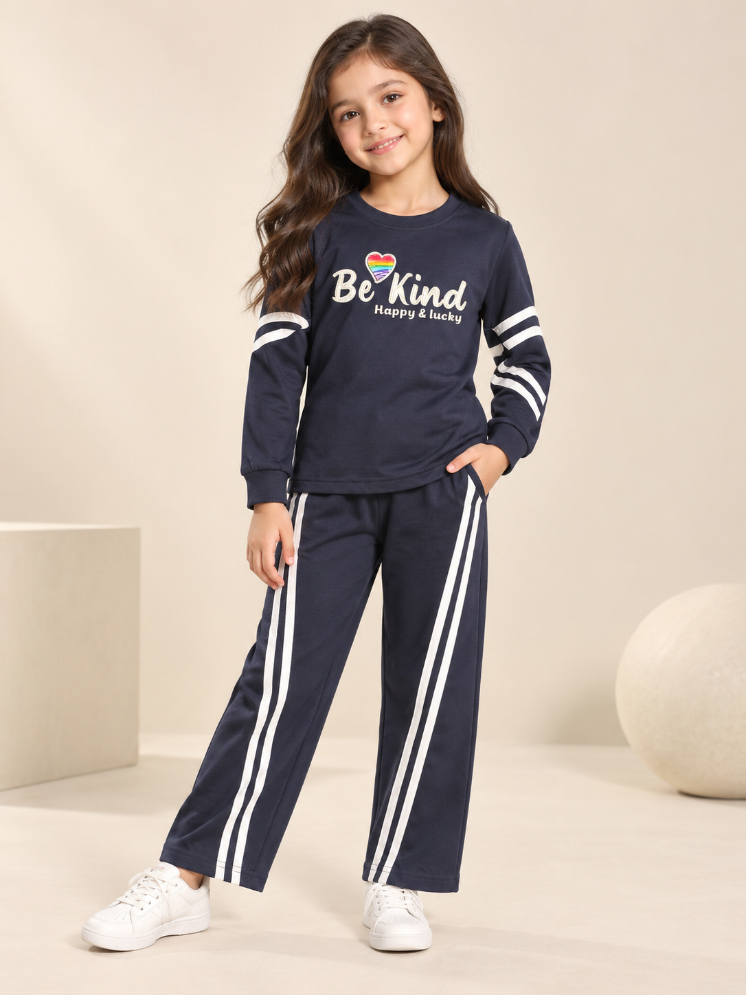 Girl's Stylish Chest Print Round Neck Co-Ord Set