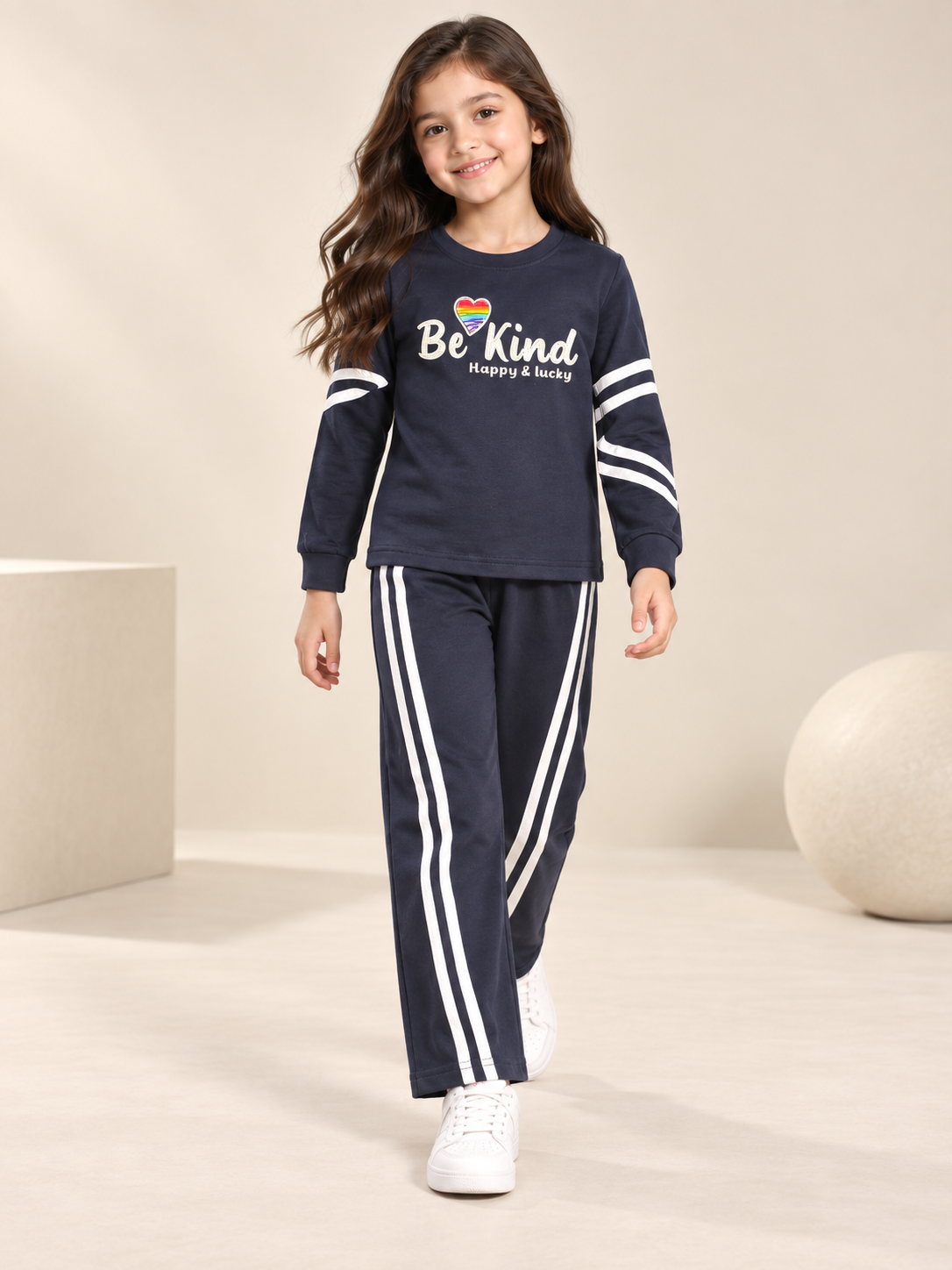 Girl's Stylish Chest Print Round Neck Co-Ord Set