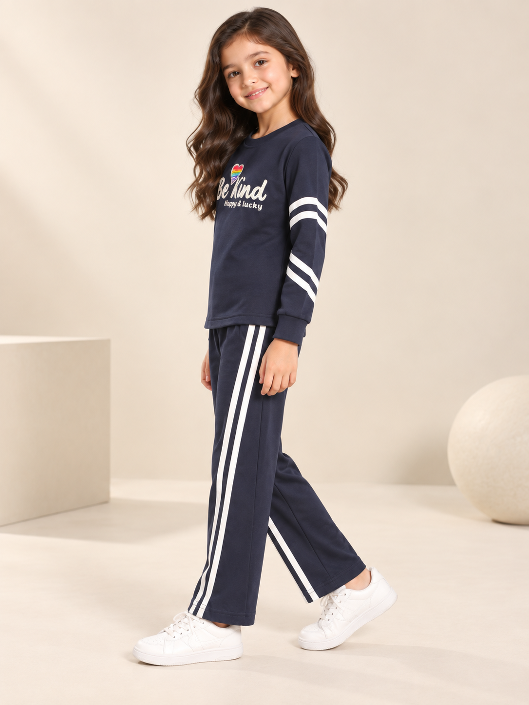 Girl's Stylish Chest Print Round Neck Co-Ord Set