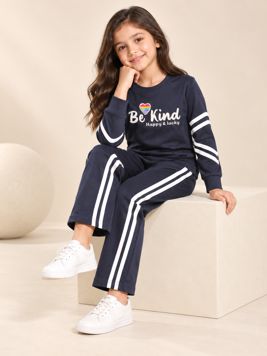 Girl's Stylish Chest Print Round Neck Co-Ord Set
