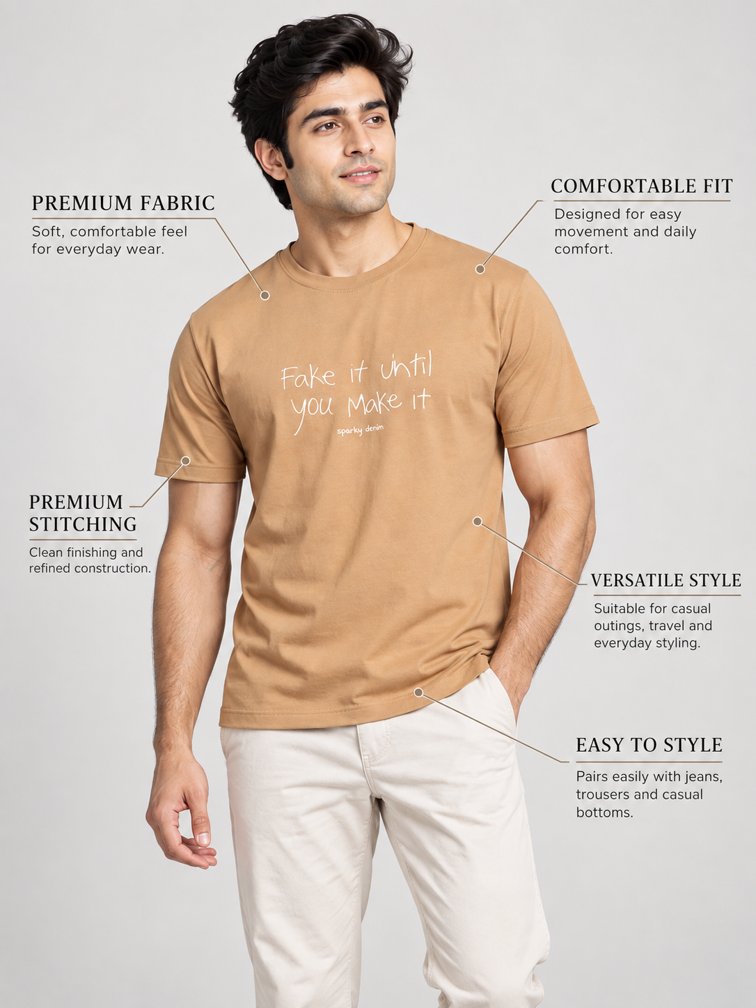 Sparky Men Camel Colour Typography T-Shirt | Premium Casual Fashion Wear