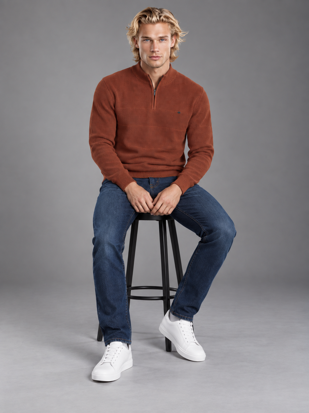Men Rust Colour Polo Neck Zipper  Premium Full Sleeves T-shirt