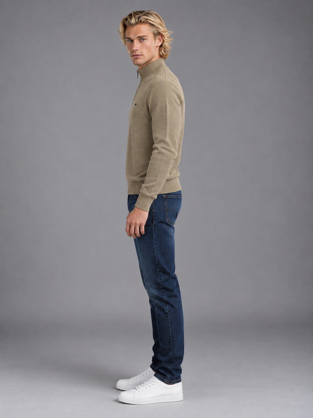 Men Beige Colour Polo Neck Zipper  Premium Full Sleeves T-shirt