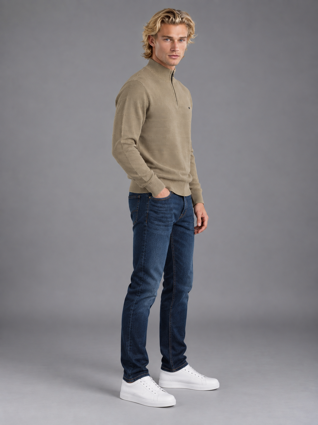 Men Beige Colour Polo Neck Zipper  Premium Full Sleeves T-shirt