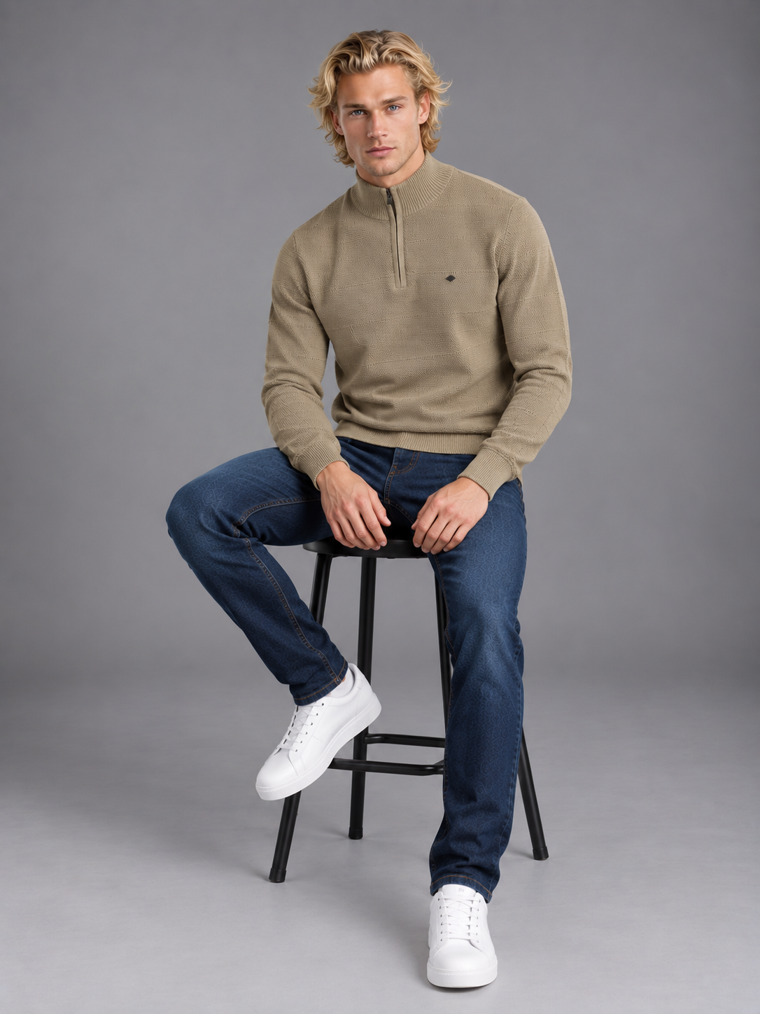 Men Beige Colour Polo Neck Zipper  Premium Full Sleeves T-shirt