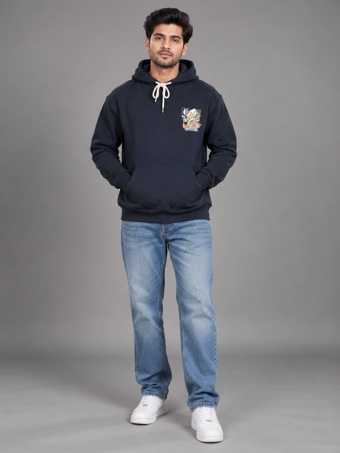 Men's Solid Full Sleeves Front Print Hoody Sweatshirt