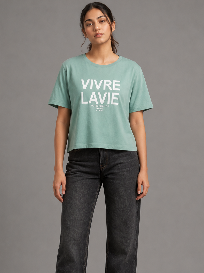 Sparky Printed Round Neck Cotton Sky Blue Women T-Shirt | Casual Half Sleeve Tee