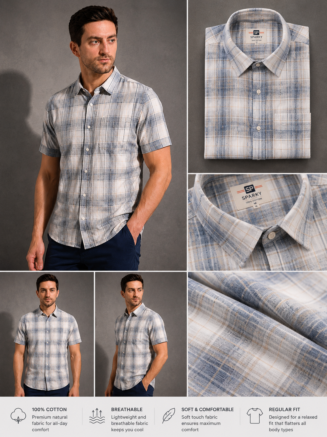 SPARKY Men Grey Checked Casual Shirt | Slim Fit Half Sleeve Cotton Shirt
