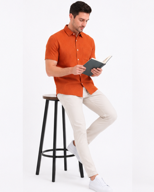 SPARKY Men Solid Cotton Formal Shirt | Short Sleeve Office Wear Shirt Rust Color