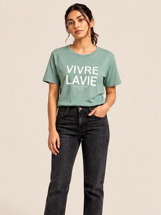 Sparky Printed Round Neck Cotton Sky Blue Women T-Shirt | Casual Half Sleeve Tee