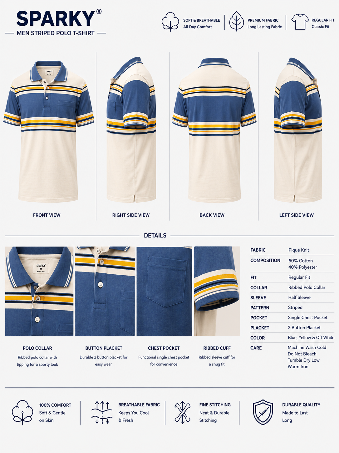 Sparky Men Striped Polo Neck White Blue Colour T-Shirt | Casual Half Sleeve Cotton T-Shirt