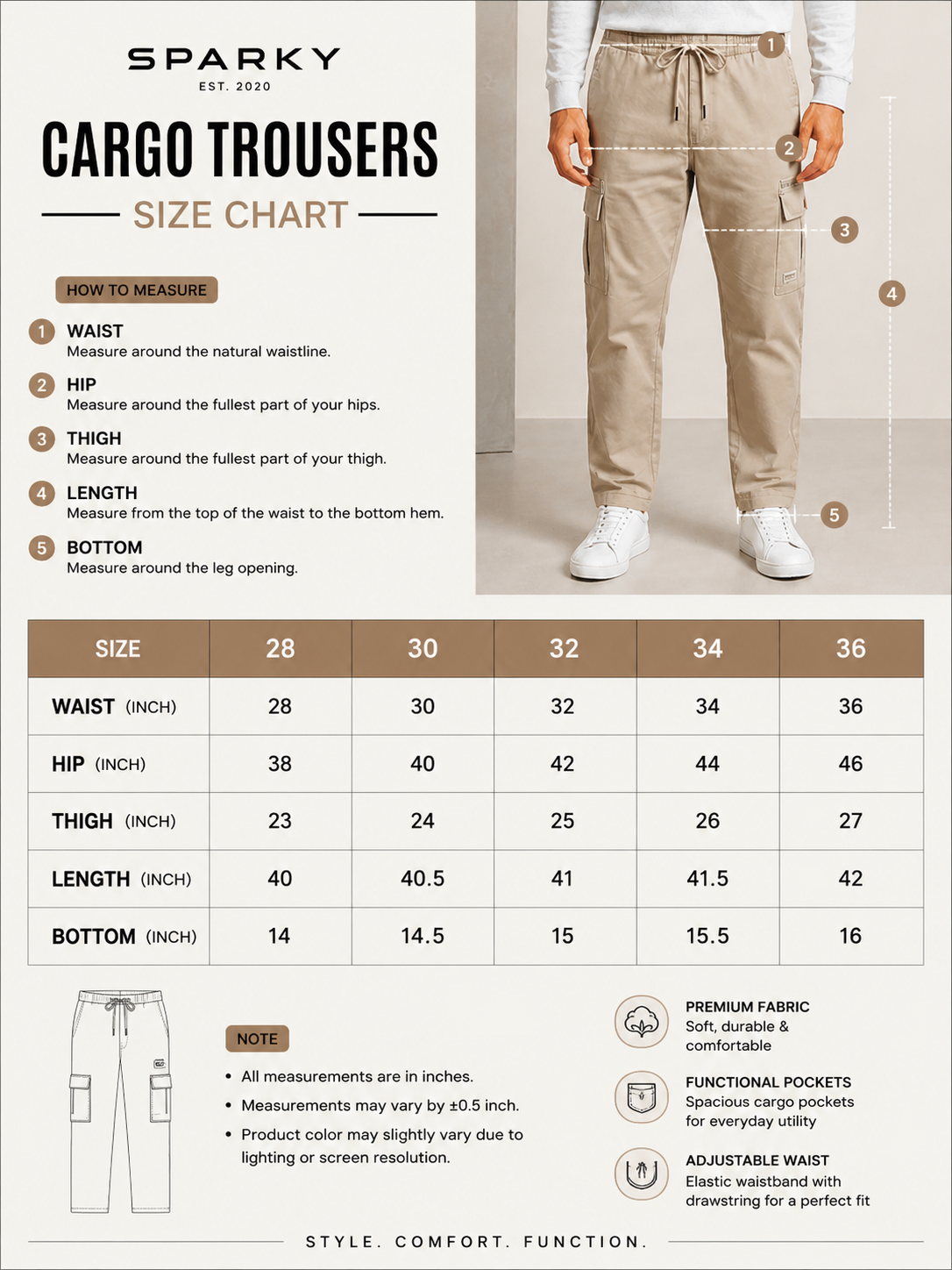 SPARKY Men Fawn Slim Fit Cargo Trousers | Stylish Casual Jogger Pants