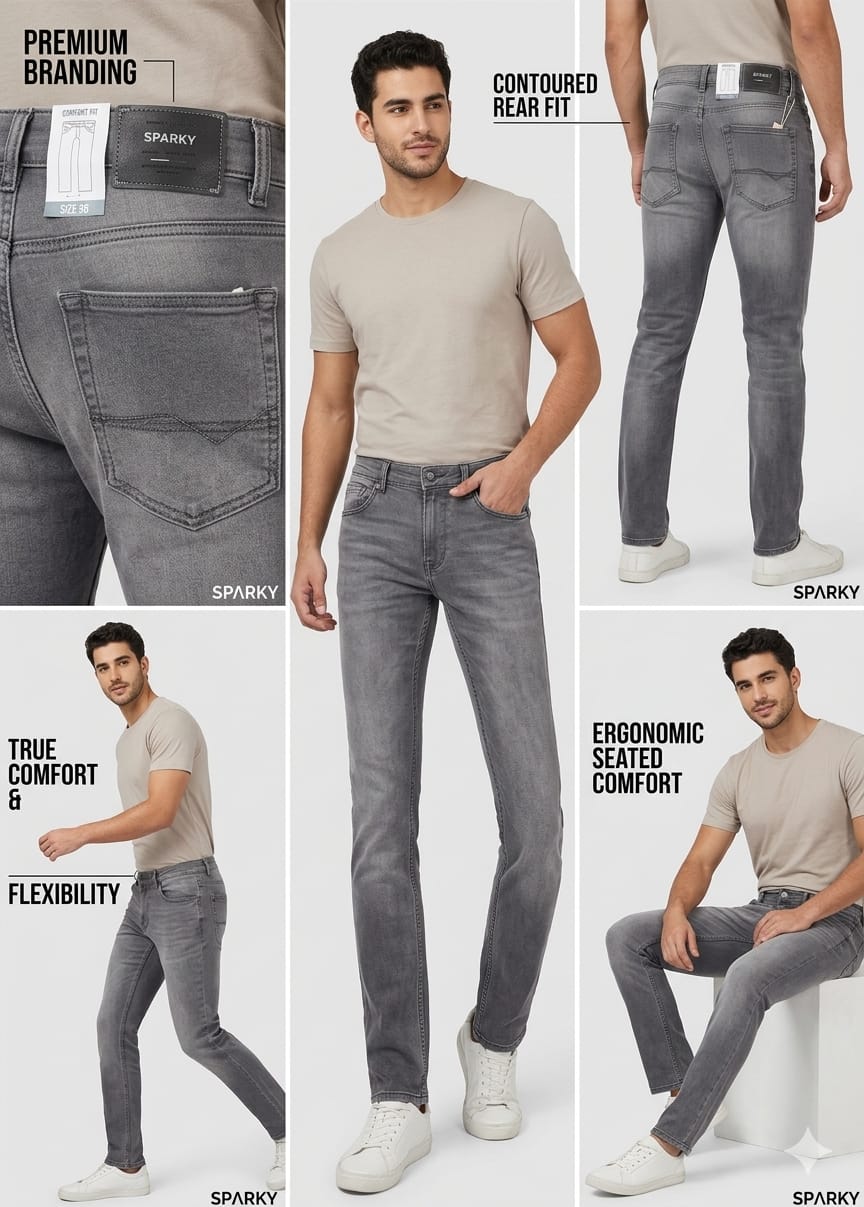 SPARKY Men Dark Grey Comfort Fit Denim Jeans | Stretchable Casual Jeans for Men