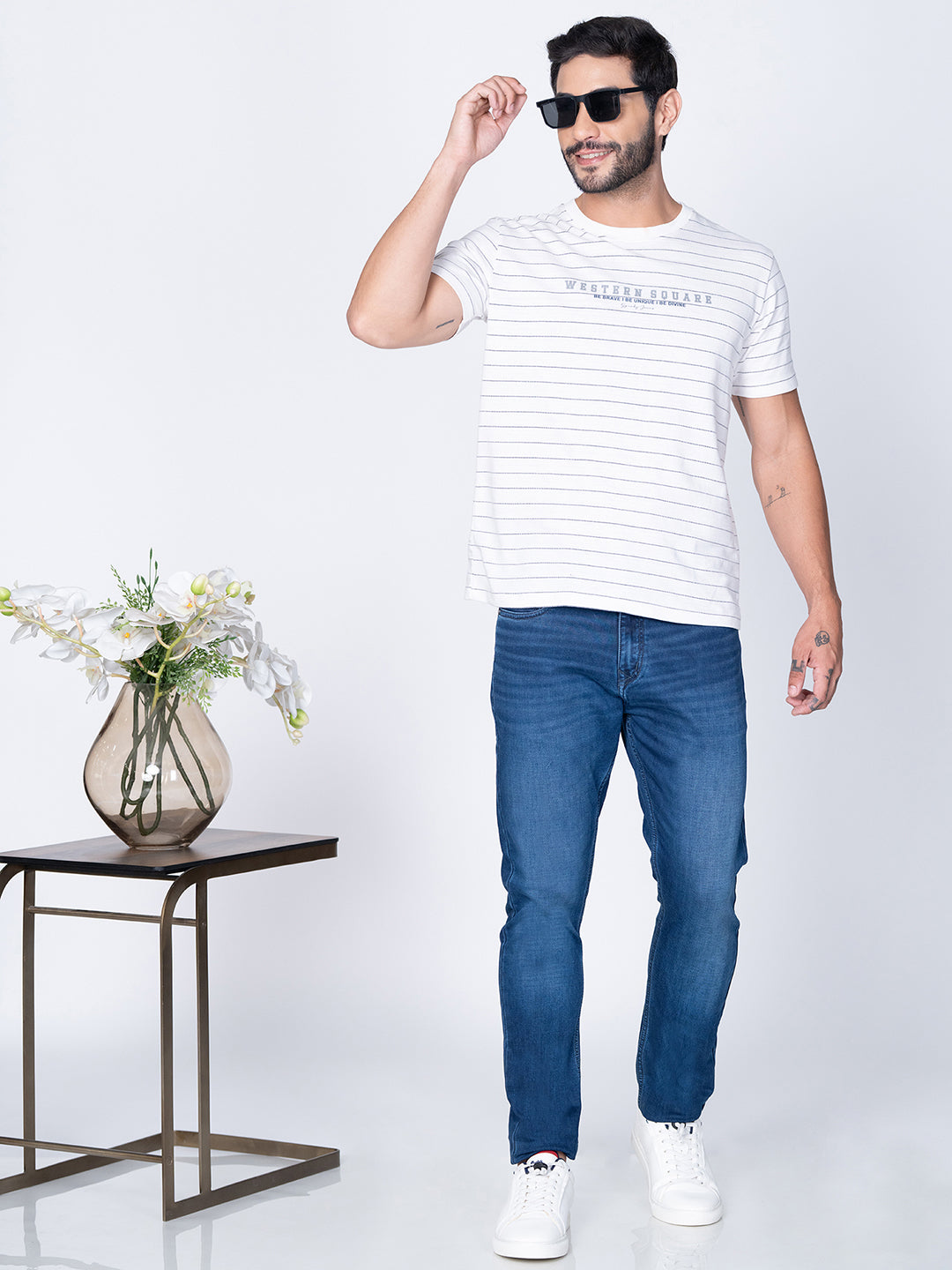 Men Round Neck Striper White T-Shirt