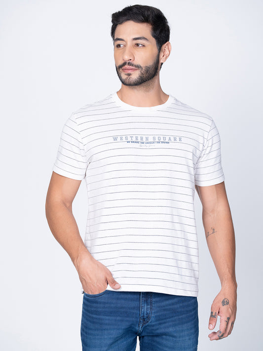Men Round Neck Striper White T-Shirt