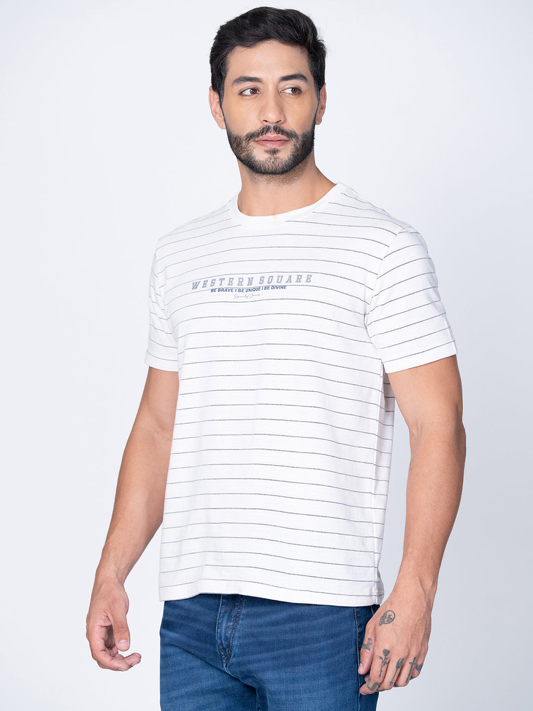 Men Round Neck Striper White T-Shirt