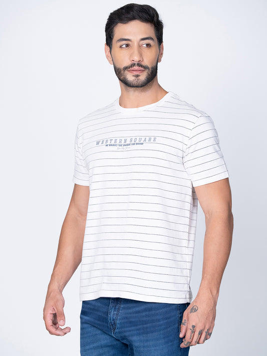 Men Round Neck Striper White T-Shirt