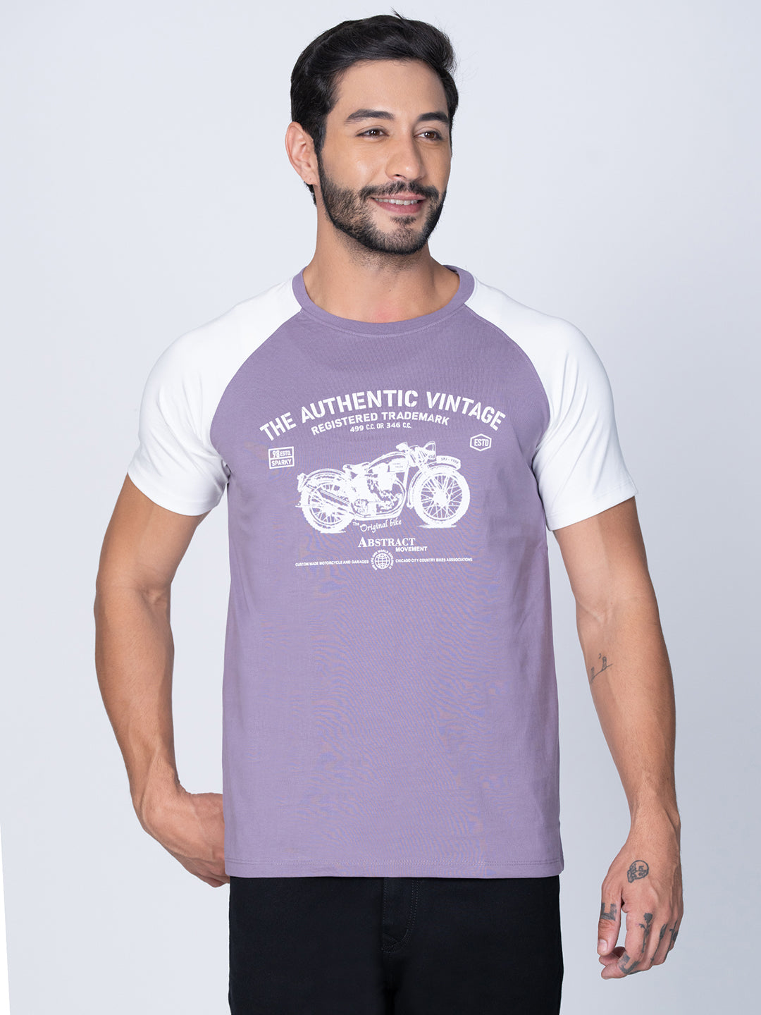Men Round Neck Cut Sew Purple T-Shirt