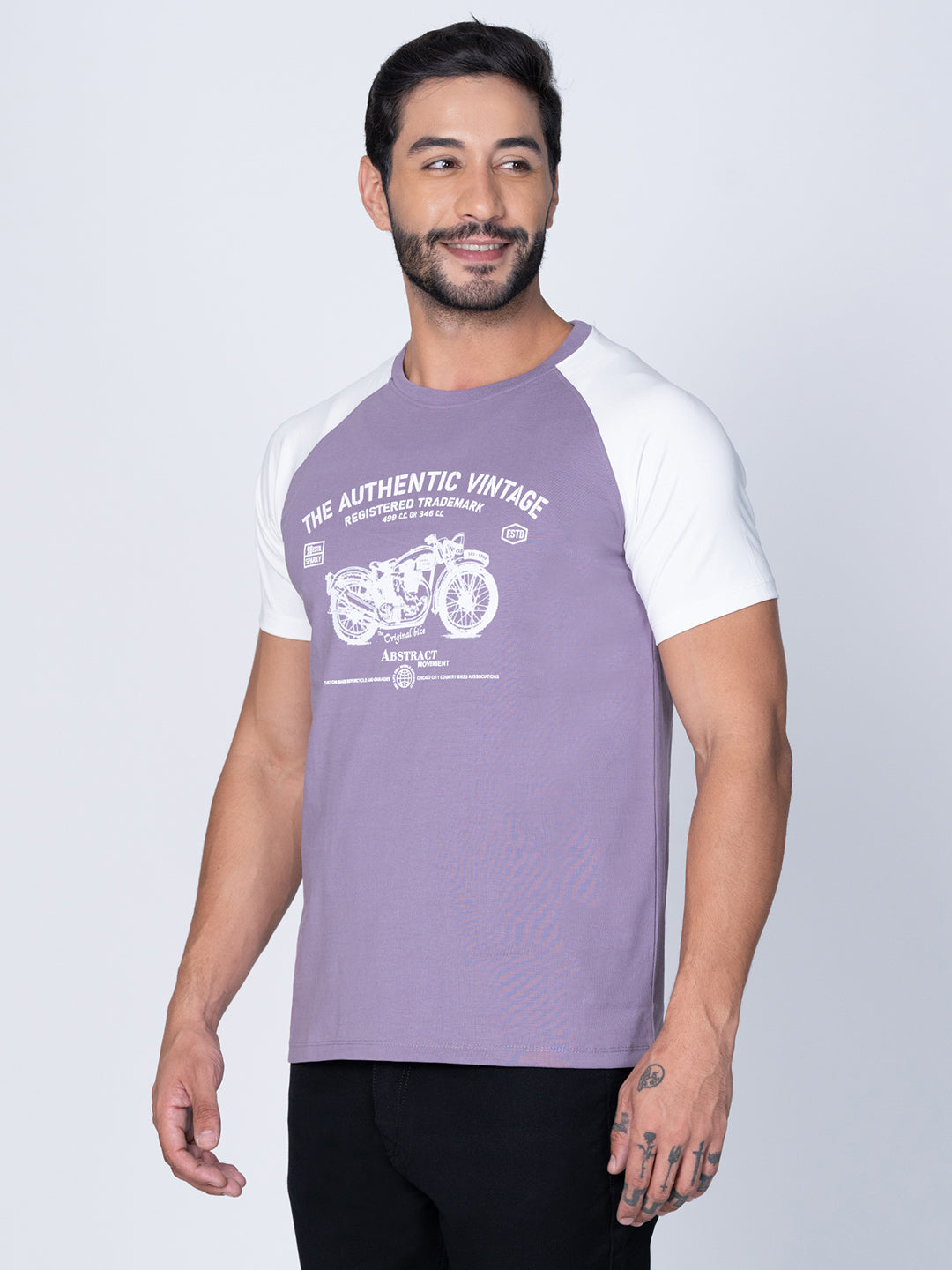 Men Round Neck Cut Sew Purple T-Shirt