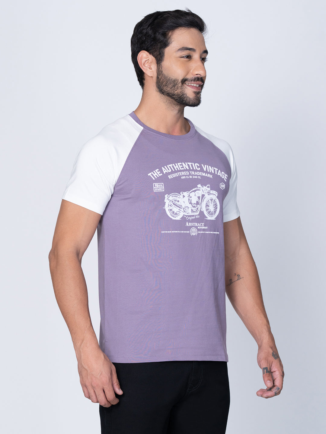 Men Round Neck Cut Sew Purple T-Shirt