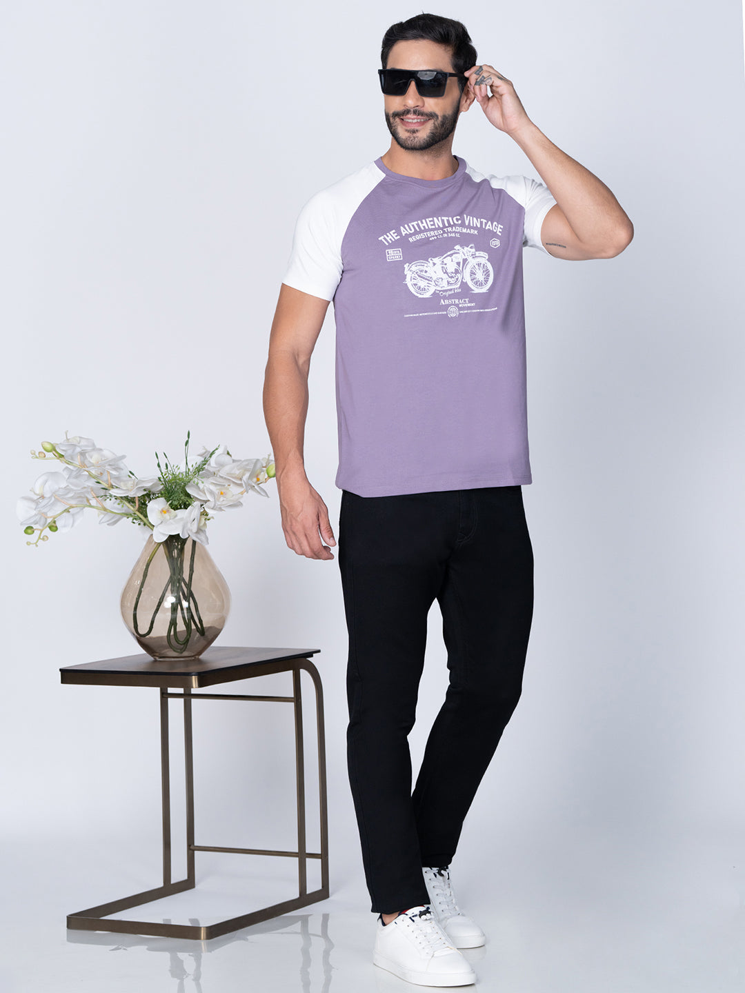 Men Round Neck Cut Sew Purple T-Shirt
