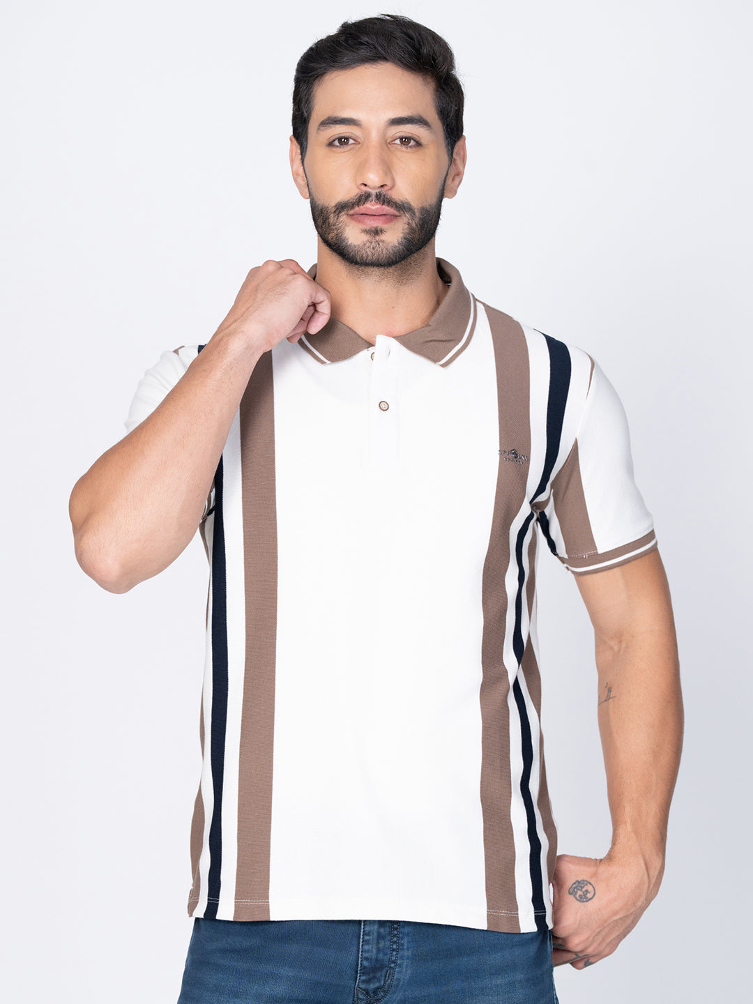 Men Polo Vertical Stripes White T-Shirt