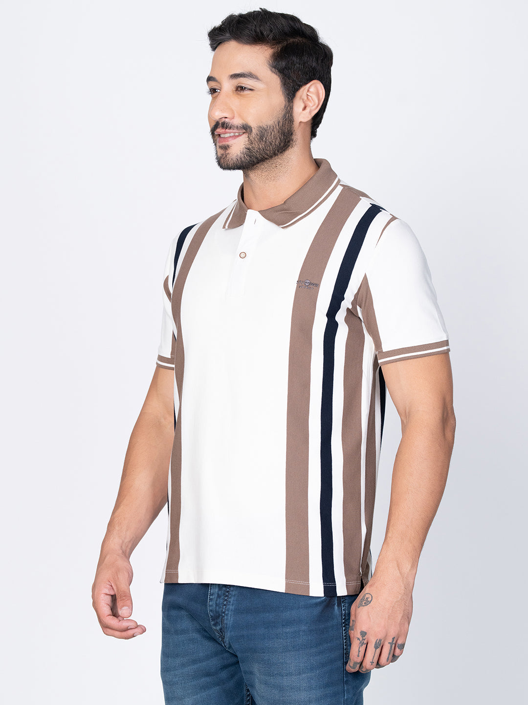 Men Polo Vertical Stripes White T-Shirt