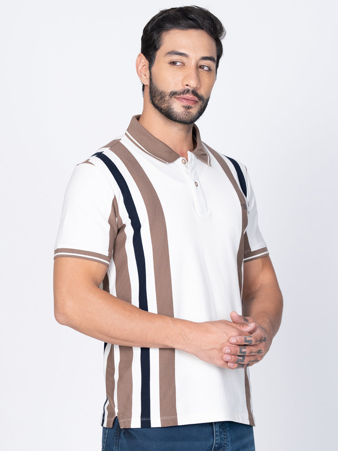 Men Polo Vertical Stripes White T-Shirt